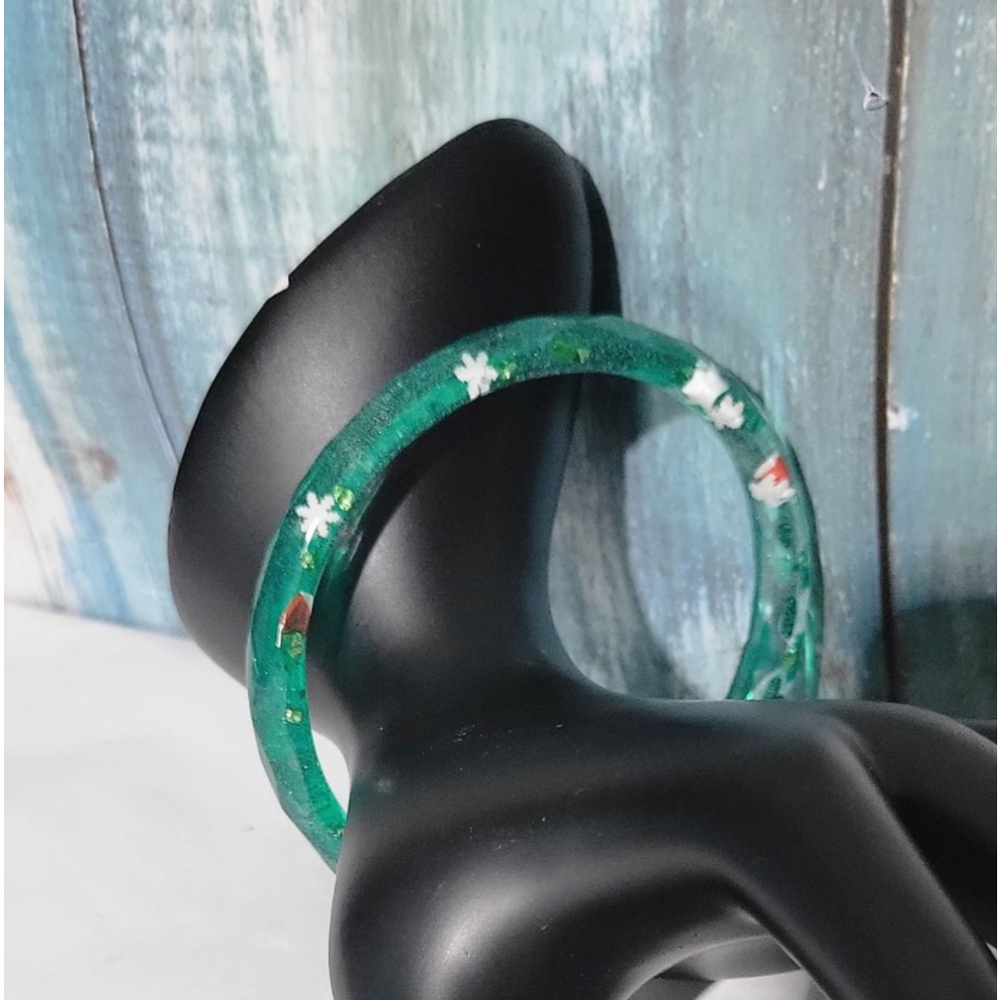 Handcrafted Resin Bracelet Christmas Green Glitter Mitten Snowflake Santa
